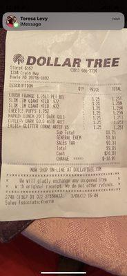 Receipt with exchange policy from Bowie location.