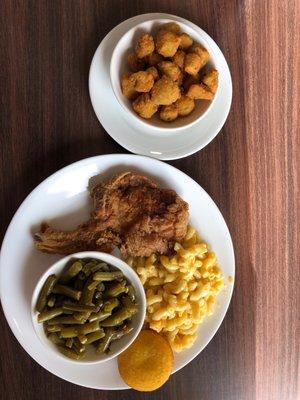 Pork chops with green beans, Mac n cheese, fried okra and corn bread