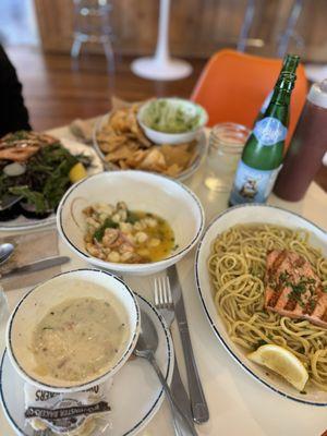 The White Chowder ,  Guacamole and Chips,  Linguine and Clams