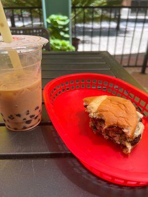 Bacon cheeseburger and honeydew boba.