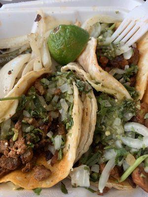 Pastor street taco comes with side of onion and limes with this amazing green sauce