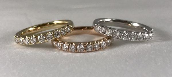 18K pink, yellow and white gold stackable rings, each with 0.55ct G color VS1 clarity diamonds