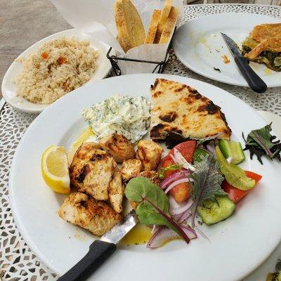 Chicken Souvlaki and Rice. Spanakopita.