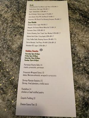 Special holiday cocktail and food menu