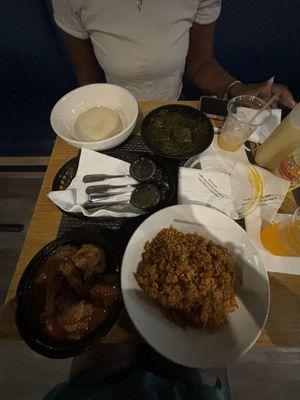 Jollof Rice & Assorted Meat Combo Efo Okra Stew with Pounded Yam Palava Sauce