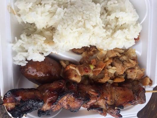 Sisig, chicken kabob, and longanisa