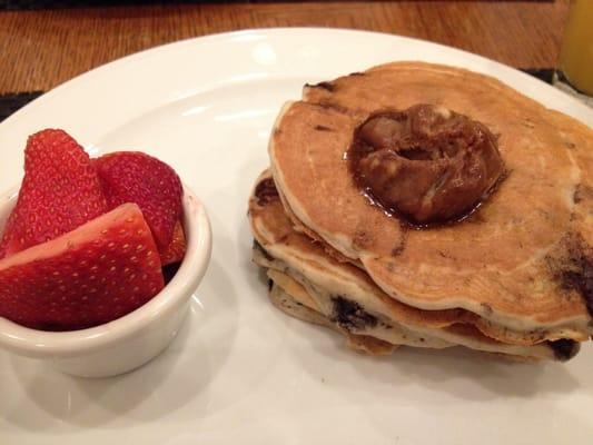 Doubletree cookie pancakes (chocolate chips with chocolate butter); butter has small bits of walnuts in it