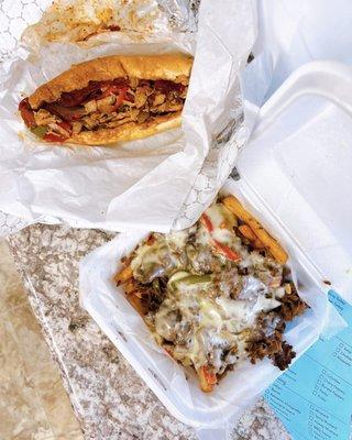 Sammi's favorite hot sandwich / $7.99 (half) + Philly cheesesteak fries / $14.99, w/ double meat / $2.50 (delivery pricing)