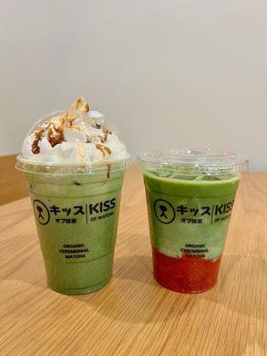 Matcha with whipped cream, matcha with strawberry puree