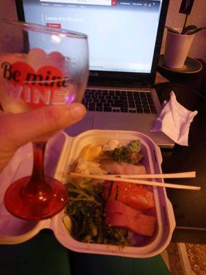 Netflix and Chill - party of one goblin, a chirashi and her Carmel Valley, unoaked Chardonnay!