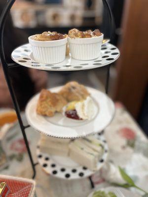 Bread pudding, sandwiches, and scones