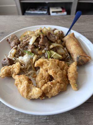 Mongolian Beef and salt and pepper calamari with spring roll and steamed rice