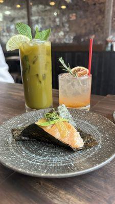 Yellowtail Roll, Virgin Green Tea Mojito, Yuzu White Peach Sparkling