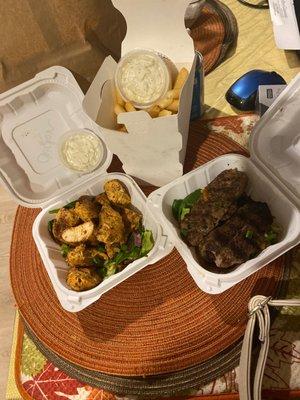 Chicken Kabob (side) and kafta side with fries and garlic sauce