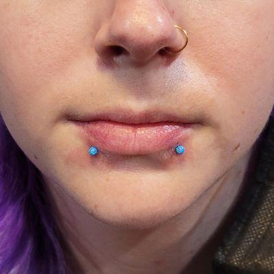 Snake bites with titanium labret post and blue opal tops