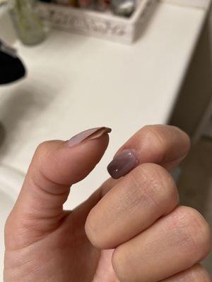 This happened to all of my nails after 5 days. Don't let the nail tech insist she doesn't need a base coat. SHE NEEDS A BASE COAT!