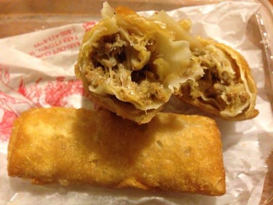 Cheesesteak egg rolls, not as full as the pork or regular Chinese egg rolls and is a bit bland