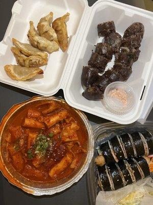 Fried Dumplings, Soondae, Topokki, Tuna Kimbap