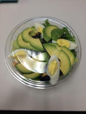 Custom Salad with Romaine, Chick Peas, Black Olives, Hard Boiled Egg, and Avocado. Balsamic Vinaigrette on the side.