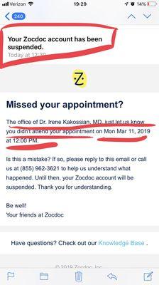 Their false claim had my Zocdoc account suspended