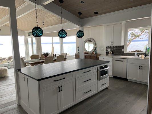 New kitchen with soapstone island and quartz countertops