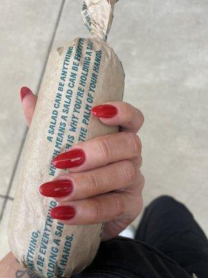 Red dip powder on my natural nails - Loved it! 
 (ignore my self-tanner hands )