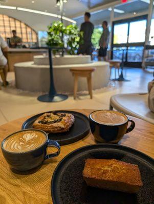 Cappuccino and Milo latte with mushroom pastry and honey financier