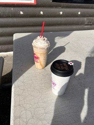 Caramel Churro Frappe and a white chocolate mocha :)