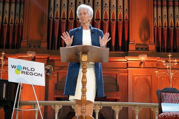 International Monetary Fund Director, Christine Lagarde, speaks at the Old Church in Downtown Portland (2018)