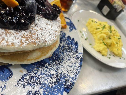 Blueberry pancakes were delicious! Soft scrambled eggs perfect