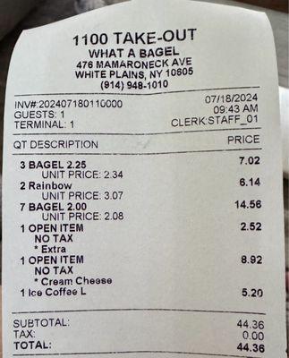 A dozen bagels, small butter, small cream cheese and an ice coffee. $44?!?!?!? WTF?