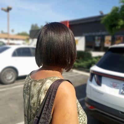 11/2024 - Mitch did a color re-touch, hair cut, and flat ironed my 2 inches of new hair growth!!! A relaxer touch-up will be needed soon.