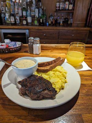 Steak and Eggs, Cheese Grits, and a Mimosa.