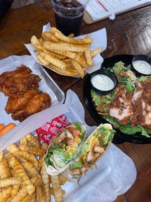 Wings, chopped salad, chicken wrap