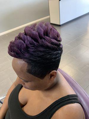 Short curl style on relaxed hair color spray