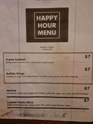 One page of Happy Hour Specials Monday to Friday 3 PM to 6 PM