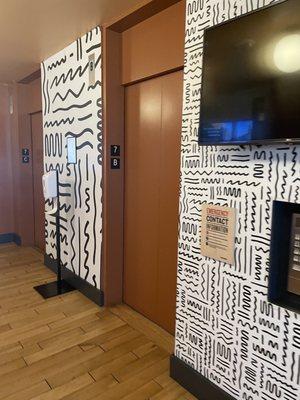 Elevator lobby with cool wallcovering pattern