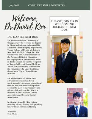 Welcome, Dr. Daniel Kim