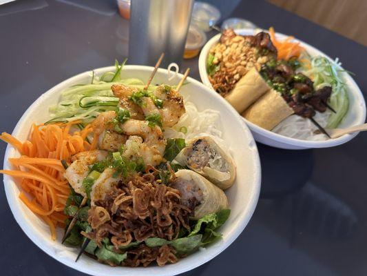 Grilled shrimp vermicelli with eggroll and grilled pork from with eggroll bowls