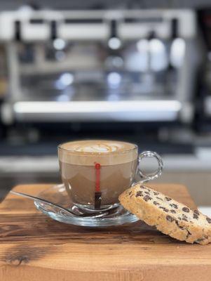 Cappuccino with salted caramel foam & biscotti