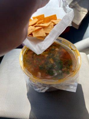 Tortilla Soup (Quart) with extra chips. Cost 50 cents and this is all they gave.