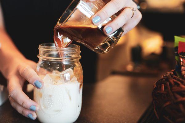 Iced latte coffee at Harvest Coffee