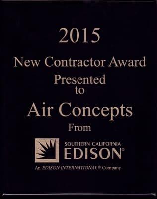 New Contractor of the Year 2015 from Southern California Edison Air Conditioning Quality Installation program. Only two contractors picked