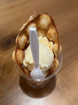 Bubble Egg Waffle with vanilla ice cream. So yummy!!  It smells delightful.