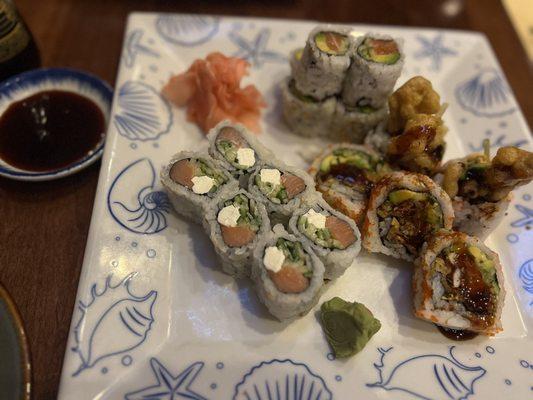 Boston roll, spider roll and Philly