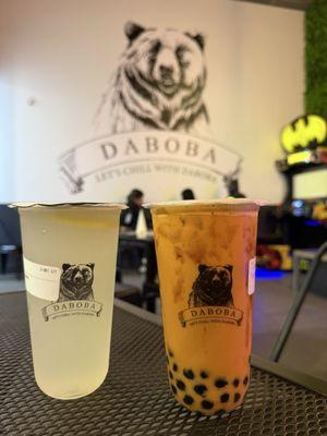 Lychee lemonade & Thai milk tea w/ tapioca