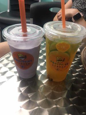 Taro smoothie and passion fruit (lilikoi) green tea