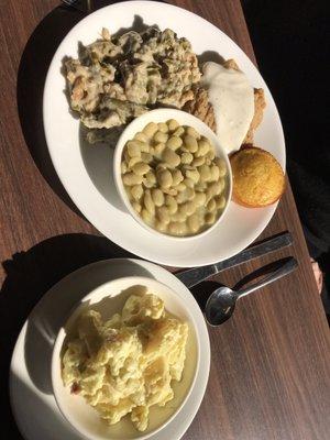 ...green bean casserole, Lima beans country fried steak & gravy, cornbread muffin and potato salad!