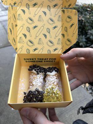 Pistachio chocolate and coffee cannoli