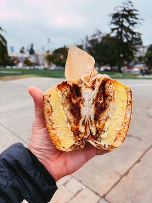 Egg and Latke Sandwich with cheese and bacon